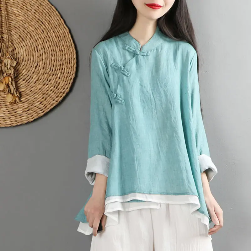 2022New Chinese Cotton Linen Retro T Shirt For Women Spring Summer Tee New Artistic Plus Size Loose Pure Color Trendy Button Top