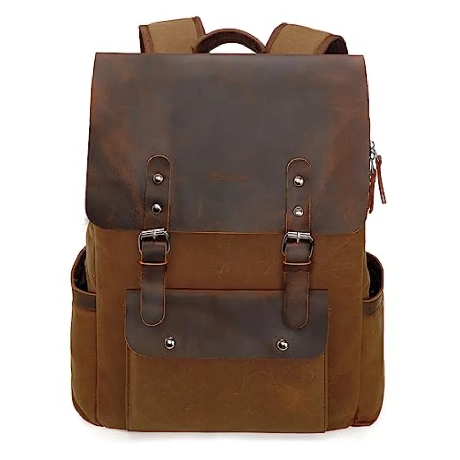 

Waxed Canvas Backpack, Leather Rucksack Knapsack for Men Woman Vintage Travel Laptop Backpack 15.6 Inch Satchel Backpack, Retro