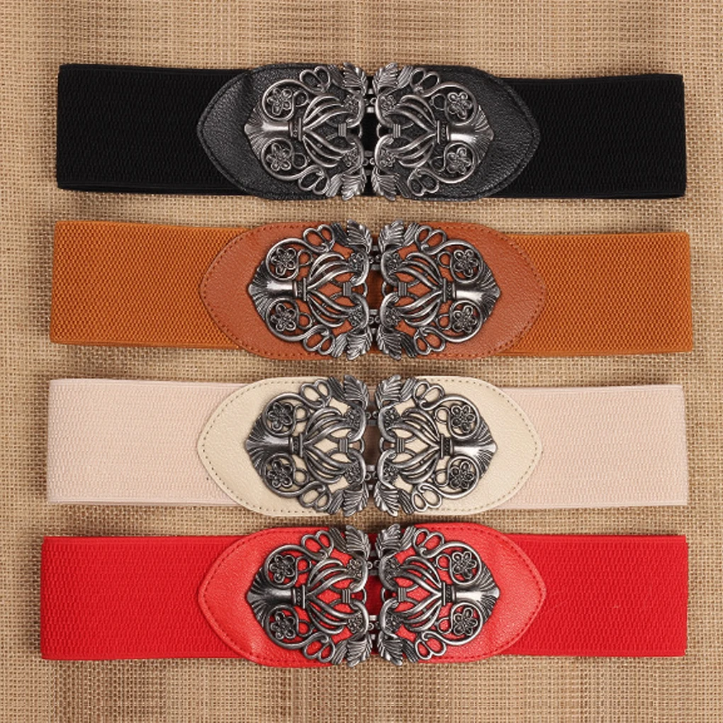 Womens Belt Adjustable PU Elastic String Universal with Buckle Retro Wide Strap Fashion Accessory Belts for Jeans Dresses