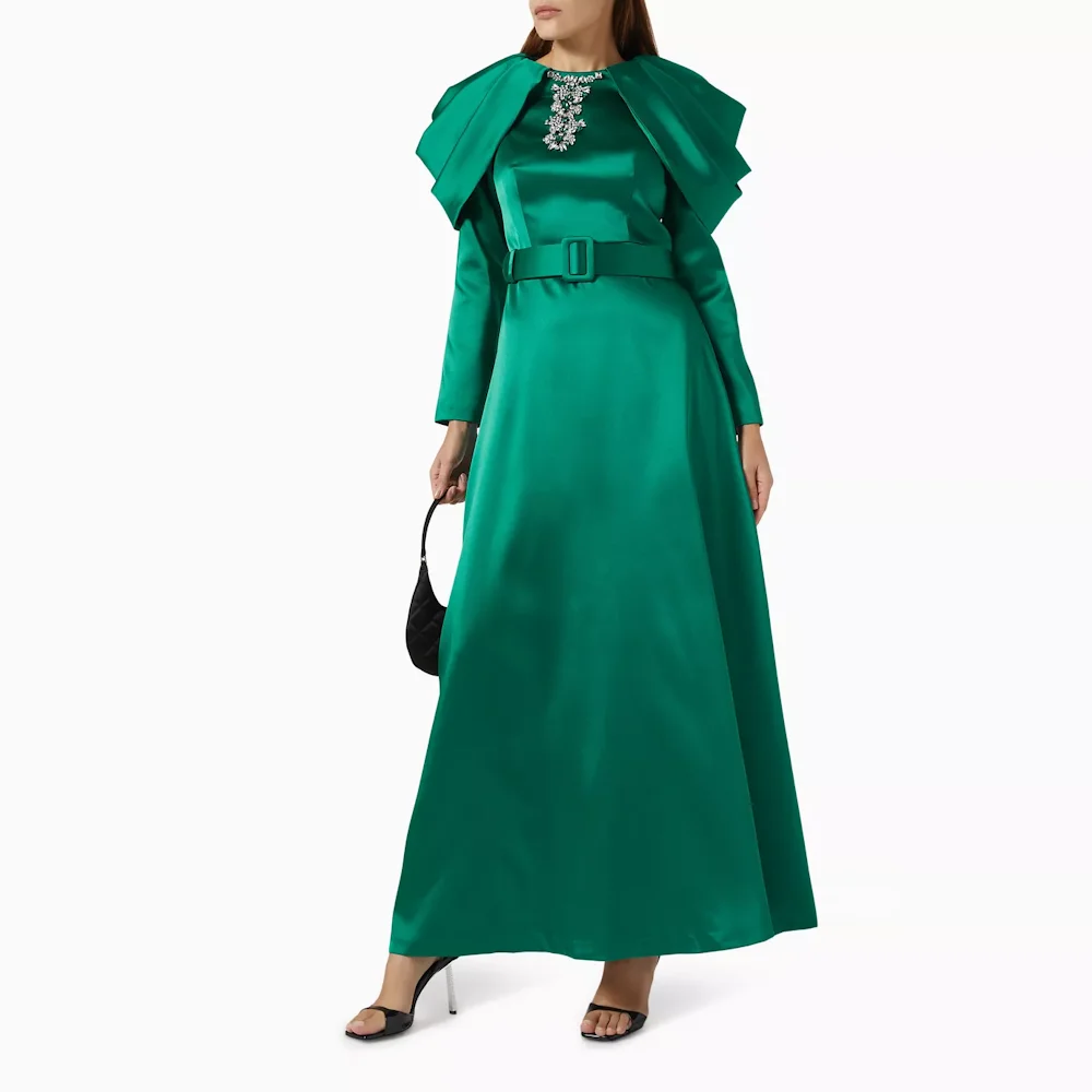 

Muloong Green O Neck Maxi Dress Pleated Sleeves Ankle Length A Line Classic Evening Dress Crystal Saudi Aribia Prom Gown