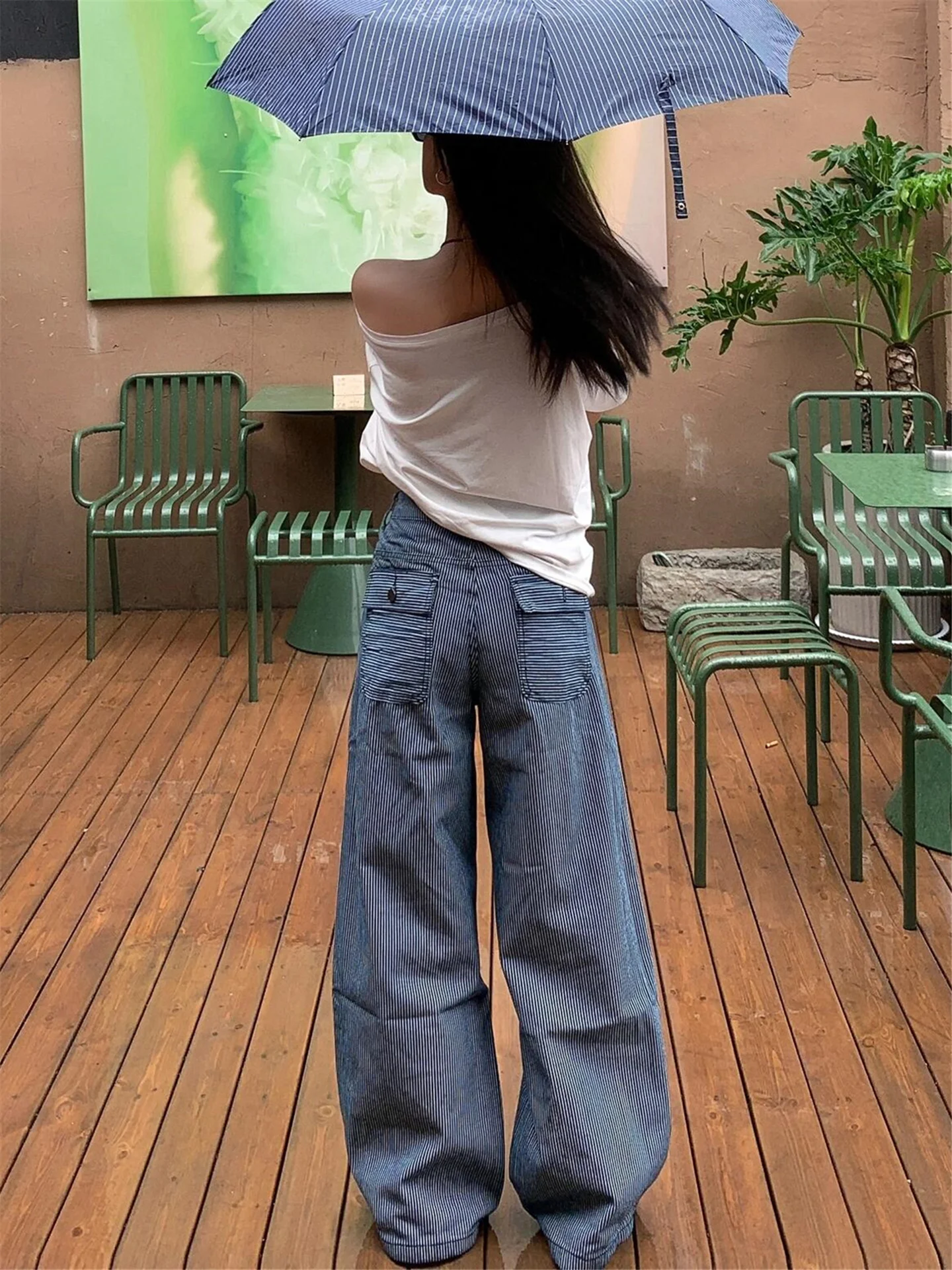 

American High Street Striped Wide Leg Jeans Women's Loose Slimming Tall Extended Straight Casual Pants Spring Autumn Cotton