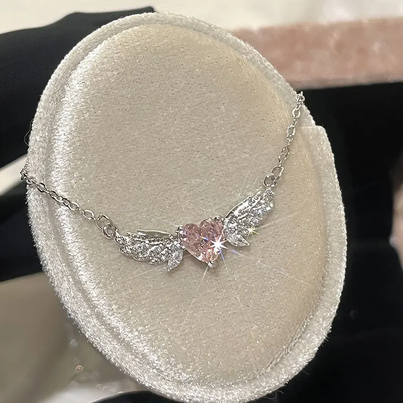 

Angel's Wings Pink Diamond Love Necklace Women's Light Luxury Niche Design Sense Fashion Ins Style Exquisite Collarbone Chain