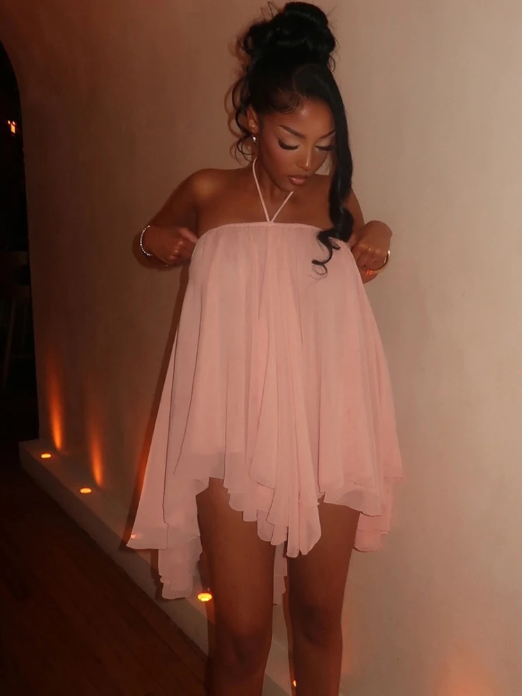 Estranho gato halter vestido solto feminino y2k verão sem mangas sem costas em camadas lrregular hem praia férias sexy tendência festa bodycon