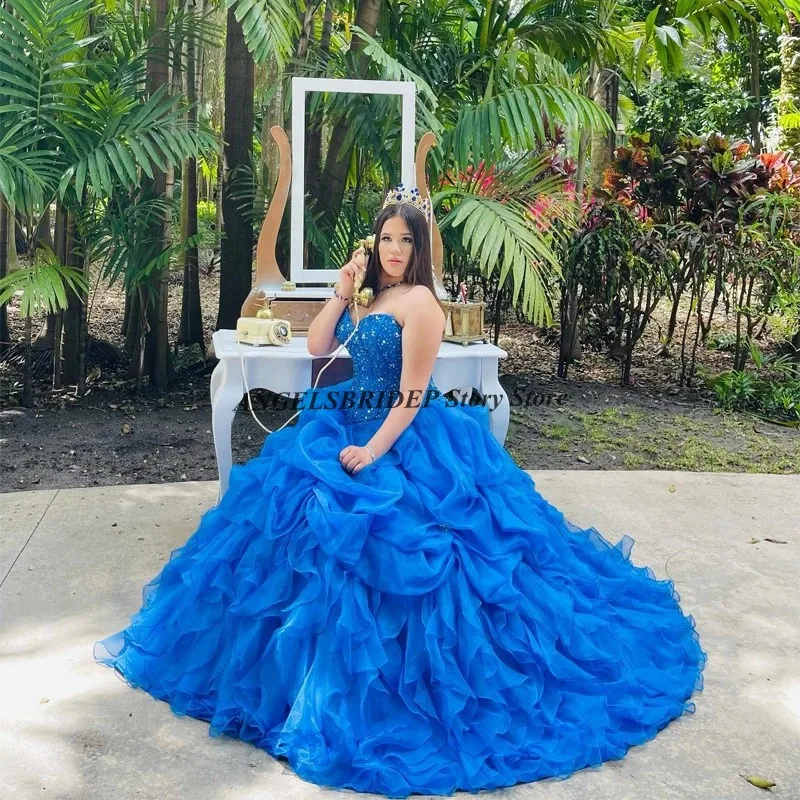 ANGELSBRIDEP New Blue Quinceanera Dresses Sweetheart Crystal Beading Tiered Pleat Skirt Charro Quinceanera Ball Gown 15 Vestidos