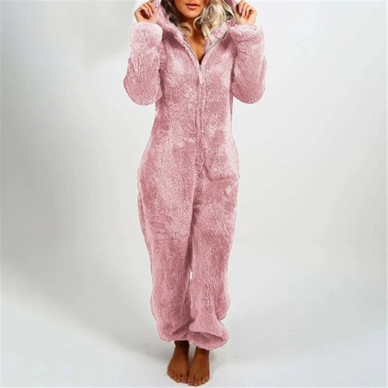 Plus Size Zipper Onesies for Women Fluffy Fleece Hooded Pajamas for Women Winter Warm Plush Sleepwear Loungwear Jumpsuits