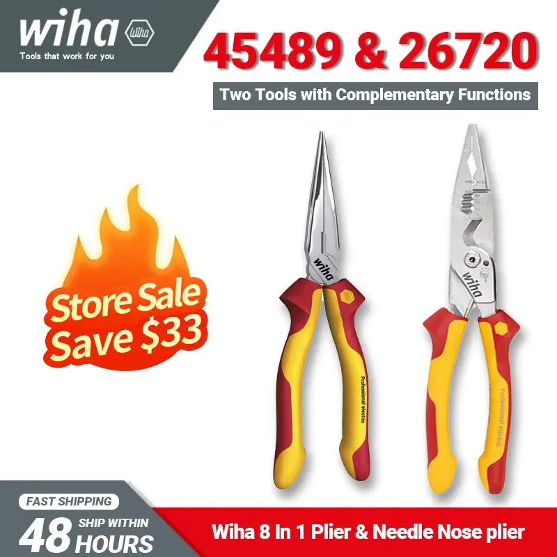 Wiha Tool Set 45489 Electrician 8-in-1 Multifunctional VDE-tested Plier 26720 Insualted Needle Nose Electrician Plier