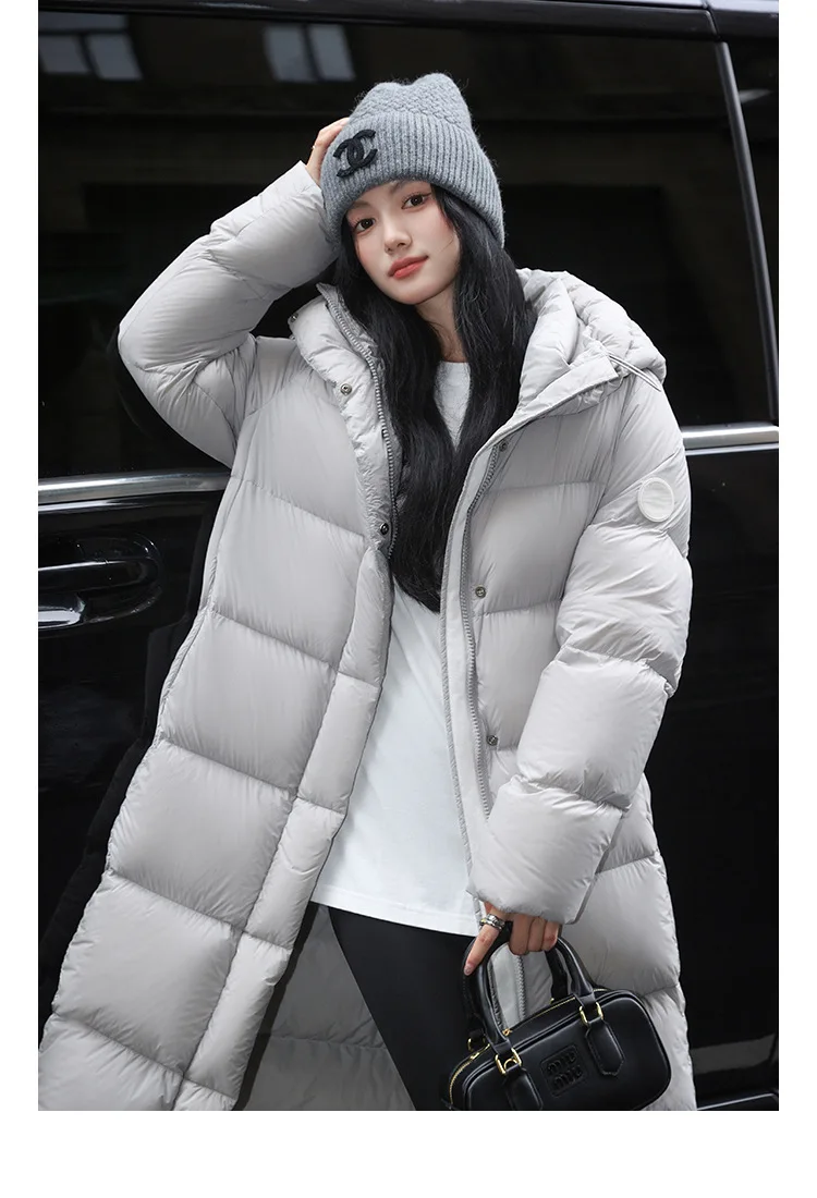 Winter High Quality Long Hooded Down Jacket Women White Duck Down Warm Thick Outwear Female Loose Parker Knee Length Down Jacket