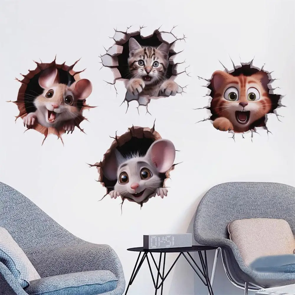 8 Styles 3D Mouse and Cat Stickers PVC Cute Mouse Hole Wall Sticke Removable 3D Self Adhesive Decals Home Decor