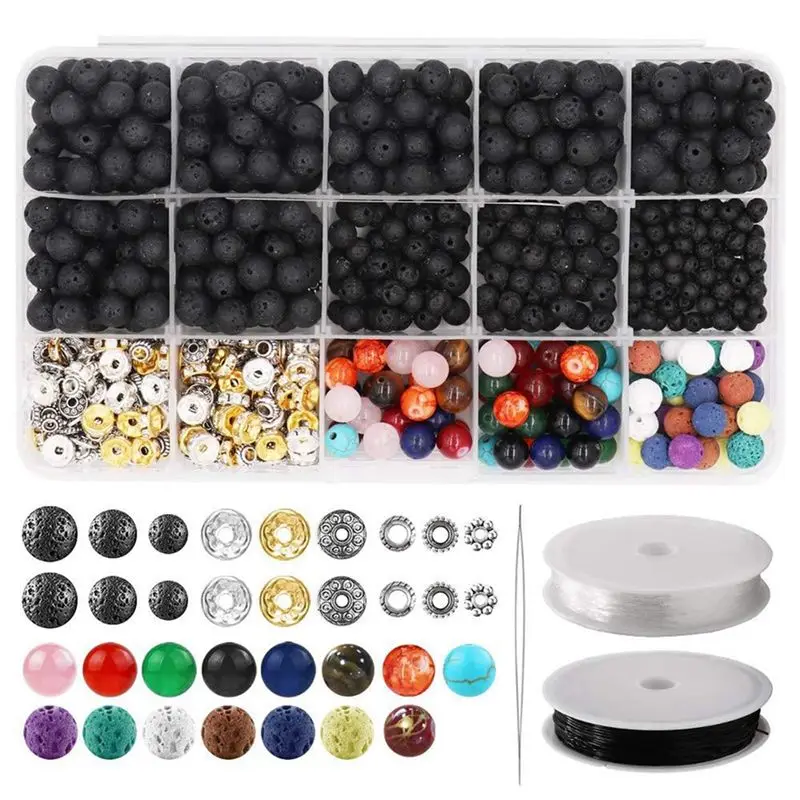 

A95D-Lava Beads Kit Spare Parts Lava Stone Rock Beads Chakra Beads Spacers Beads Essential Oils Bracelet Necklace Jewelry Making