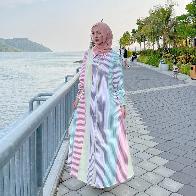 

Women Eid Muslim Dresses Striped Single Breasted Dubai Arab Kaftan Islam Blouses Dress Ramadan Morocco Vestidos Loose Casual