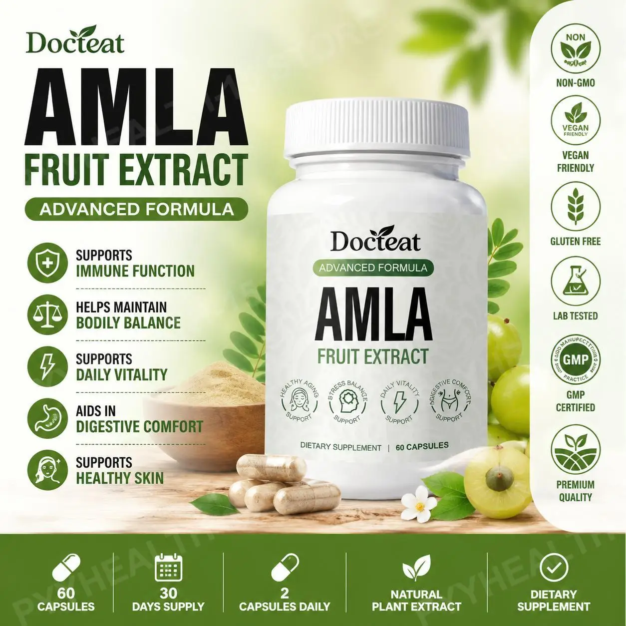 Docteat Amla Capsules with CoQ10 PQQ Vitamin C B3 60 Counts Herbal Extract Antioxidant Daily Energy & Wellness Supplement