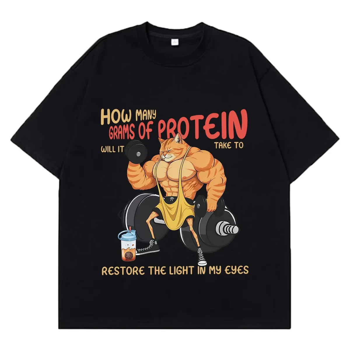 Funny Muscle Cat Protein Meme Gym Workout Graphics T Shirt Men Women Vintage T-shirt Short-sleeved Loose Casual Cotton T-shirts
