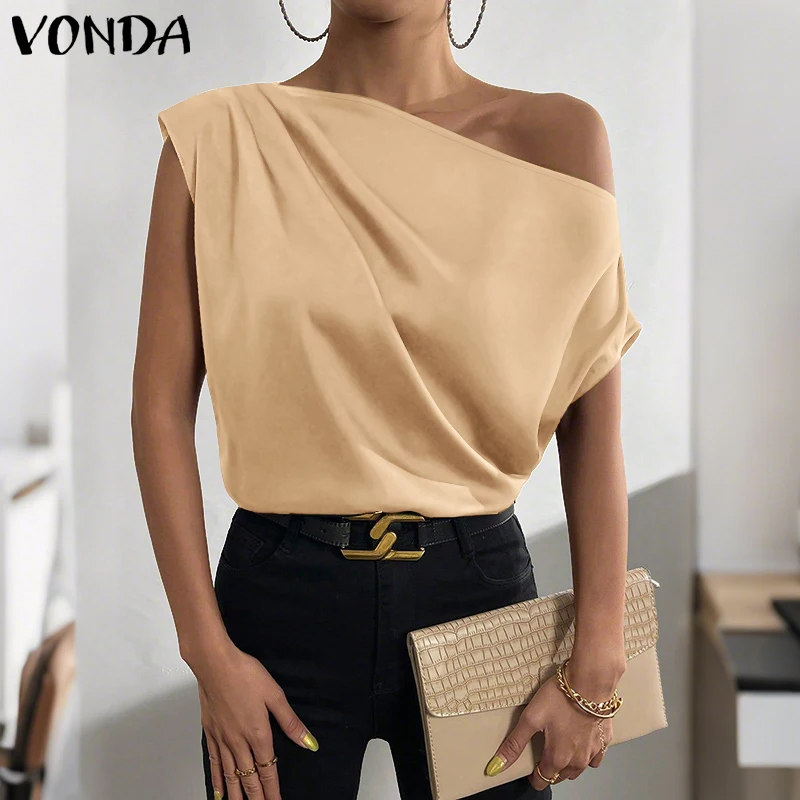 Übergröße 5XL VONDA Damenbluse 2026 Satin-Top Schulterfrei Einfarbig Tunika Kurzarm Plissiert Blusa Elegante Bürodamen-Hemden
