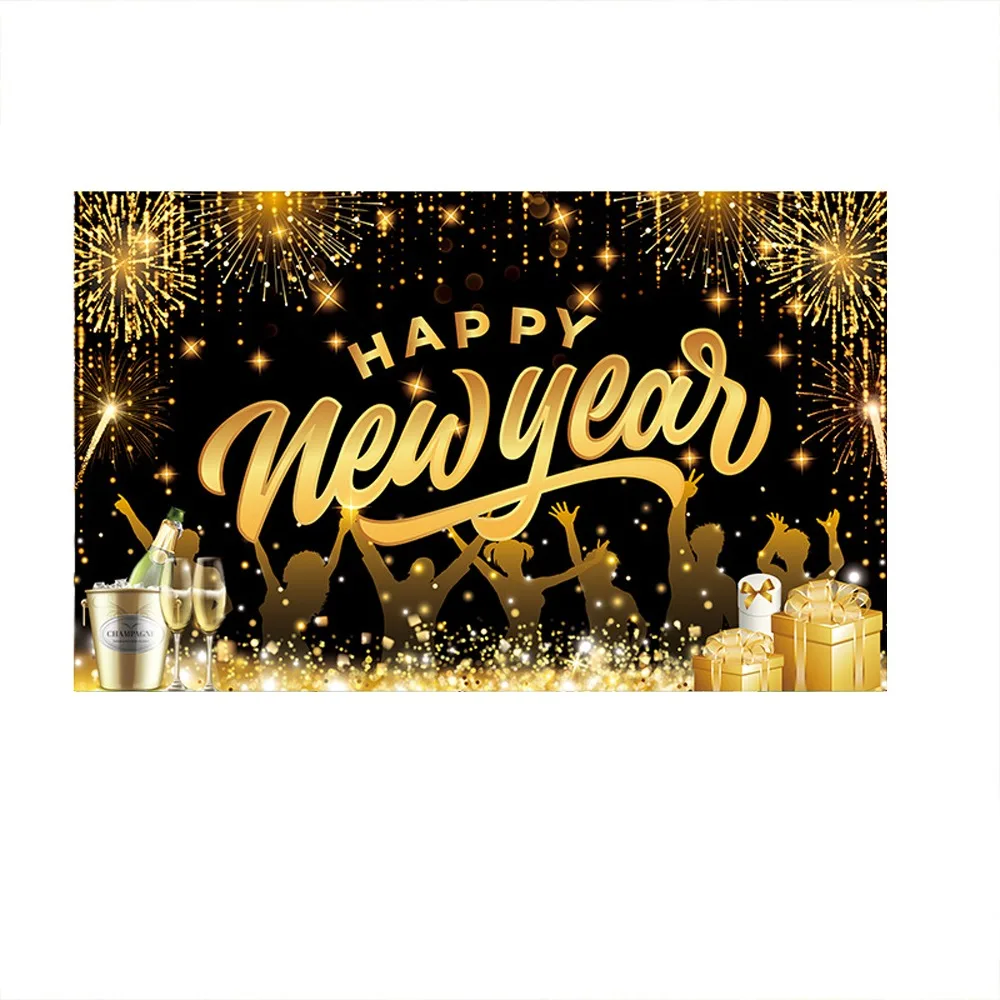 

Black Gold 2026 New Year Backdrops Polyester Colorful Balloon Party Background Champagne Night Glittering Celebration Banner