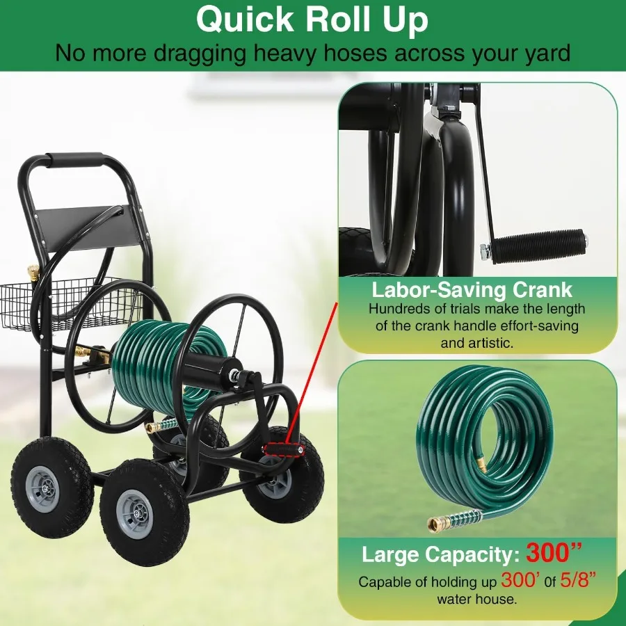 야외 정원 물주기용 중형 호스 릴 카트, 300피트 강철 호스 용량, 4개의 바퀴와 보관 바구니 포함, 잔디밭에 이상적