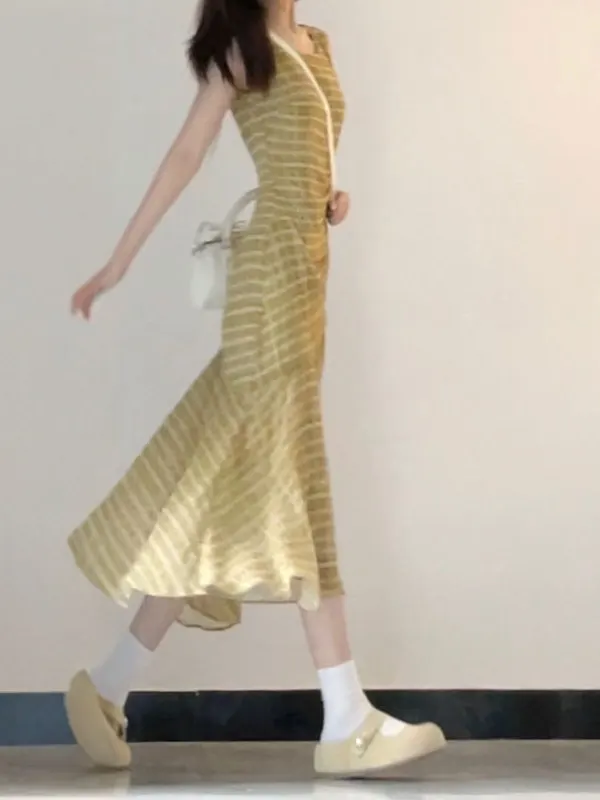 

Retro Unique Beautiful Plaid Vest Dress Fashionable Slimming Chiffon Long Skirt Summer Casual High Waist Polyester Fiber