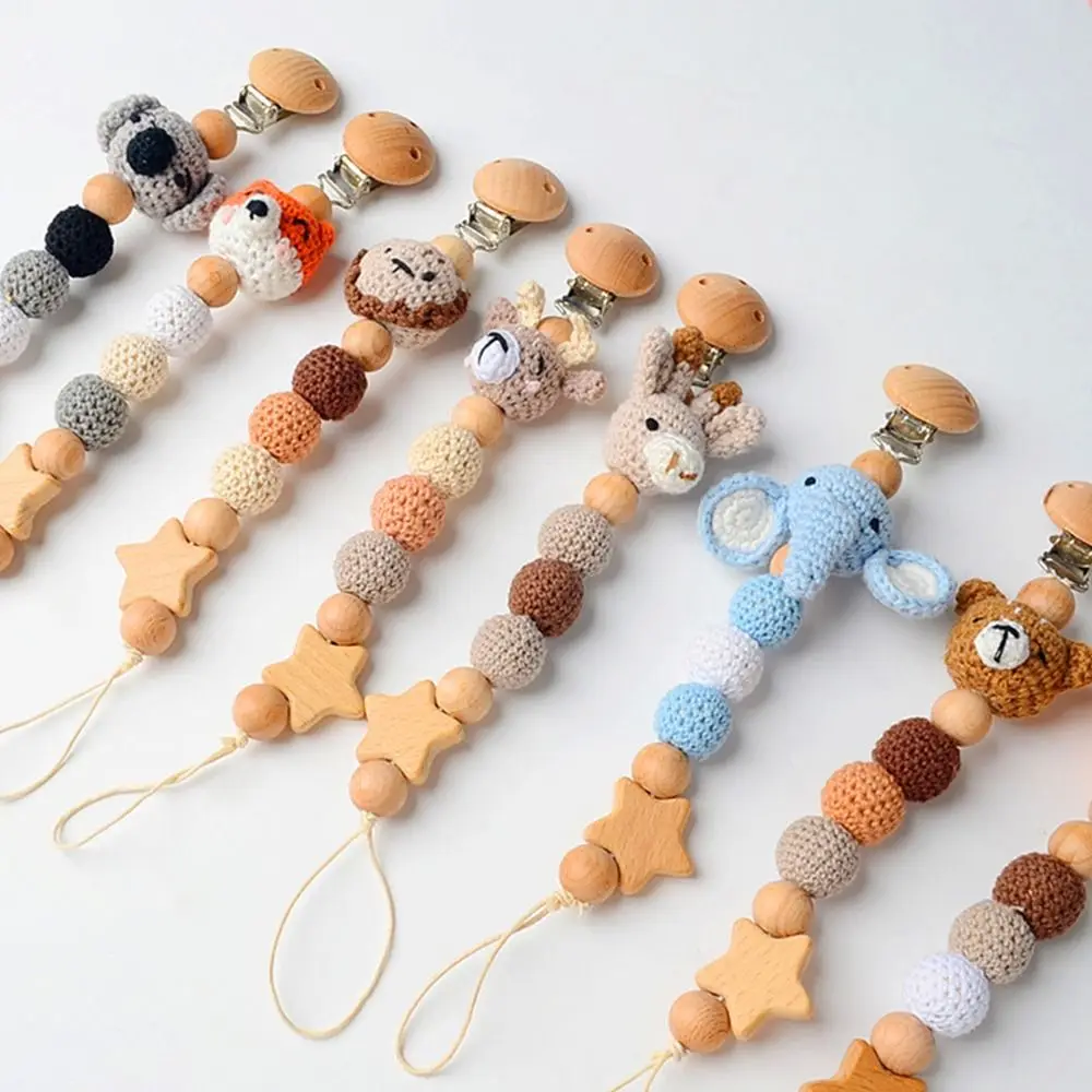 Children Wood Dummy Clips Baby Pacifier Chain Baby Teether  Straps Pacifier Holder Clips Crochet Animal Pacifier Clips