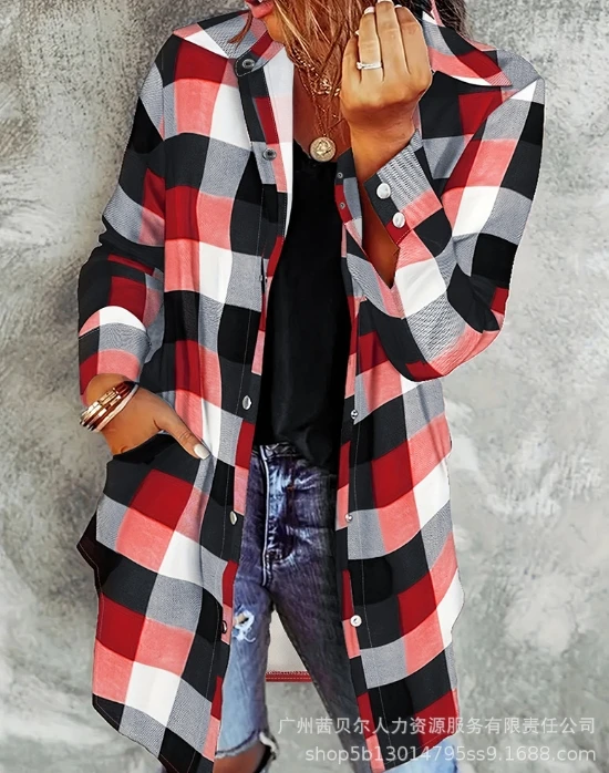 

Women's Shirt Large Plaid Long Sleeved Blouses2024 Early Spring Latest Temperation Commuting Flip Collar Retro Art Cardigan Top