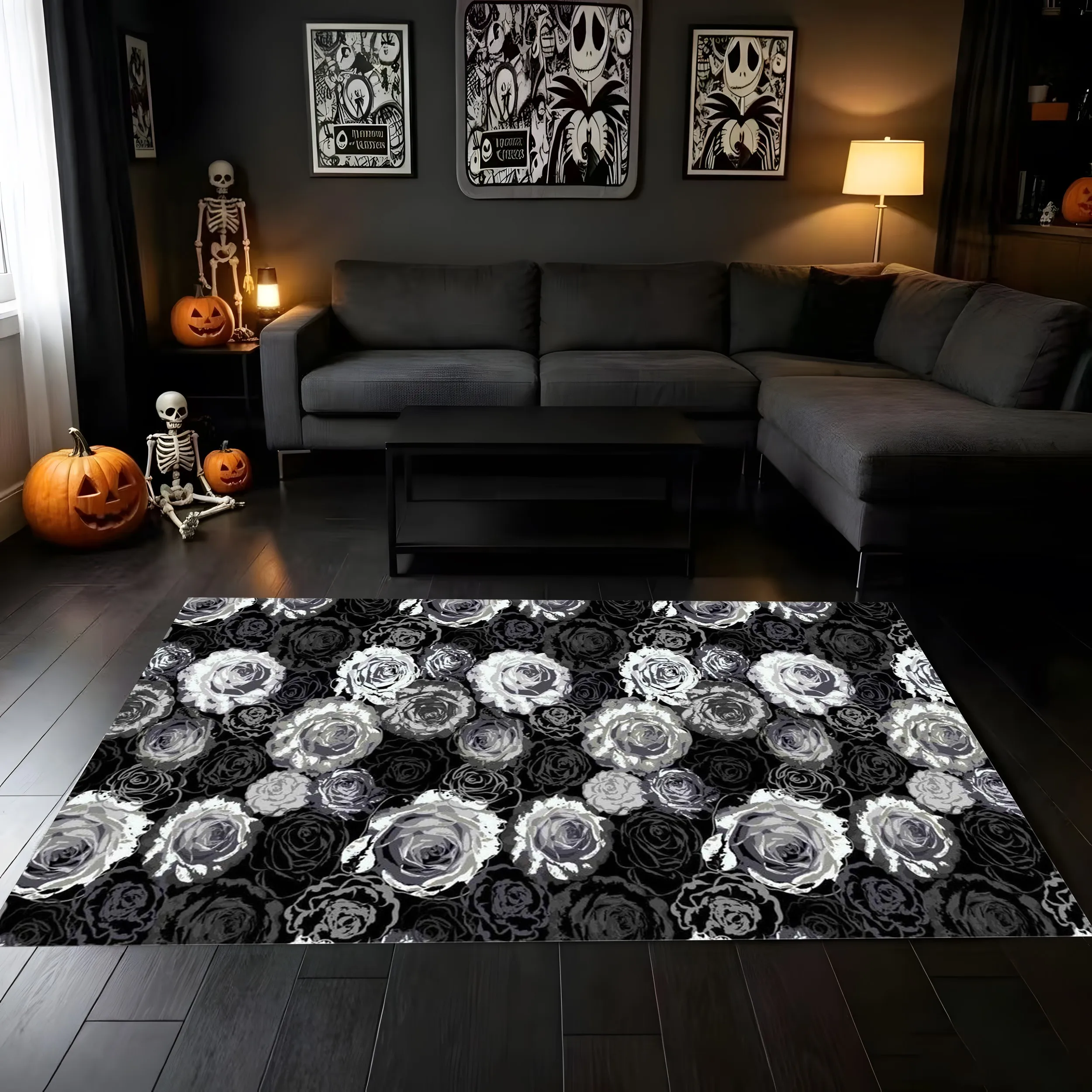2D Carpet with Ghostly Puppies, Pumpkins, and Bats Printed All over in a Playful Watercolor Style with a Soft and Bright Visual