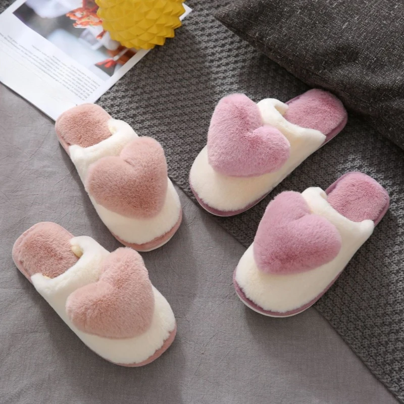 Autumn Winter Women Heart Shaped Home Slippers Ladies Fashion Indoor Warm Fluffy Slides Females Cute Casual Non-slip Plush Shoes