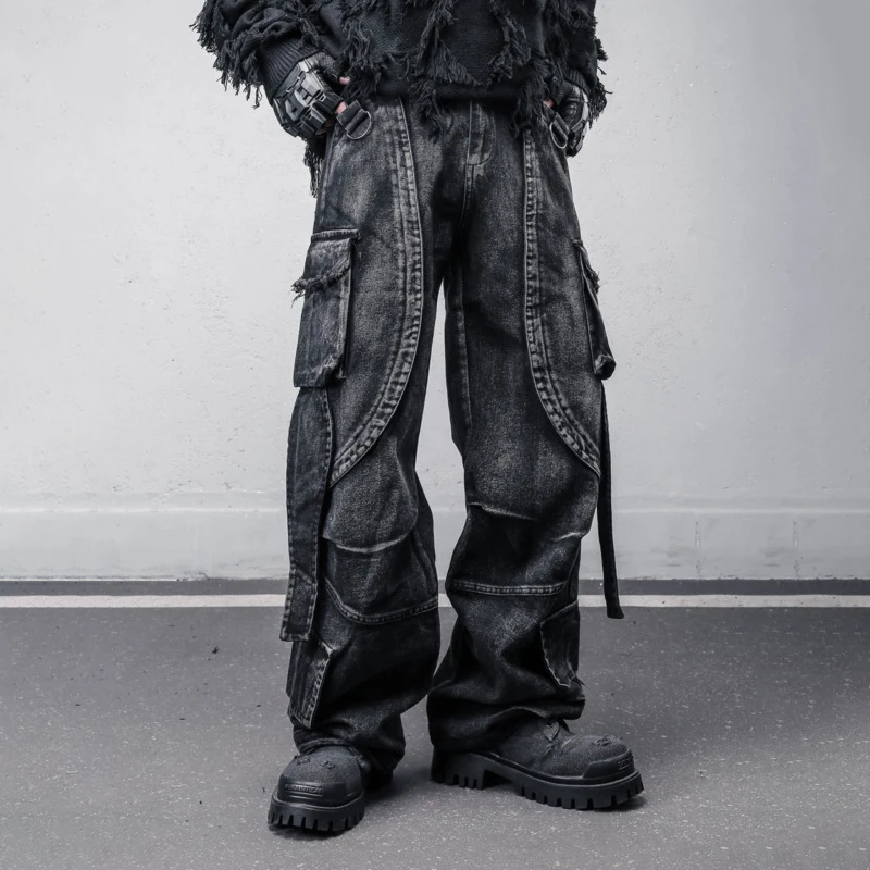 Hksh primavera outono nova tendência masculina pesada desconstruída retalhos resíduos estilo terra multi-bolso lavado retro jeans de perna larga hk13385