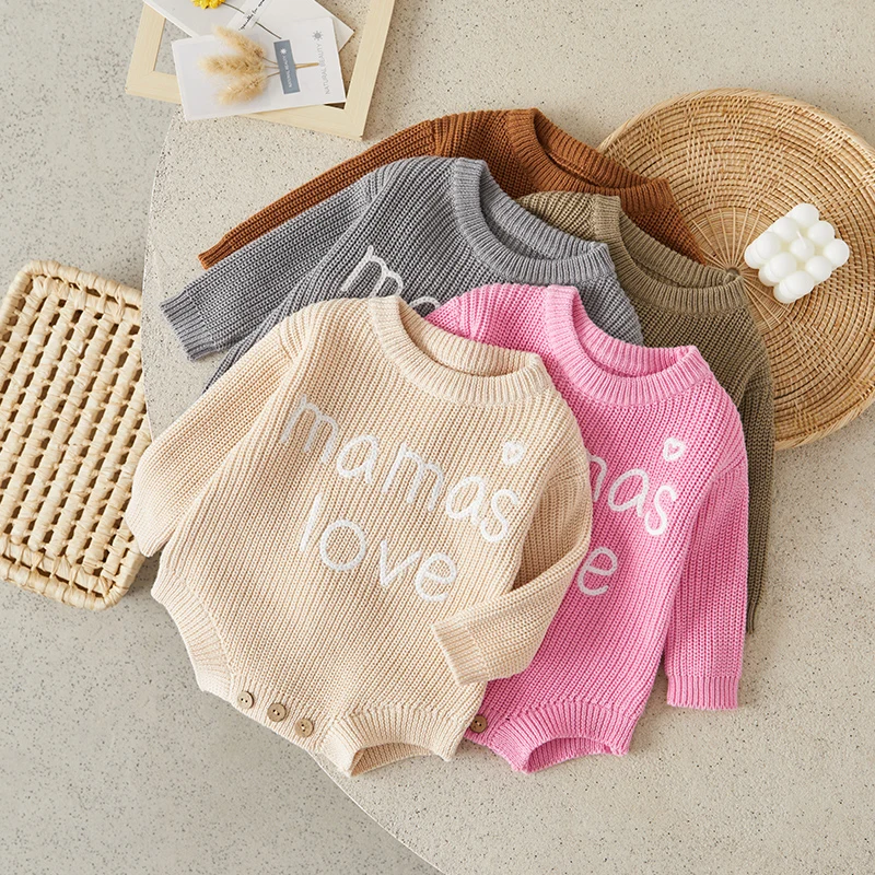 

Suefunskry Newborn Infant Baby Knitted Sweater Romper Long Sleeve Round Neck Heart Letter Embroidery Crotch Button Bodysuit