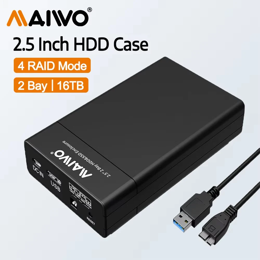 

MAIWO Dual Bay RAID Hard Drive Enclosure with USB3.0 for 2.5'' SATA SSD/HDD Support UASP 16TB 4 RAID Mode External HDD Enclosure