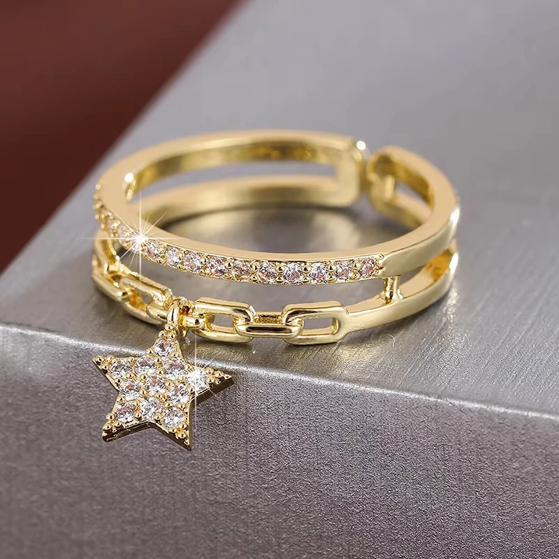 Exquisiter doppellagiger Design-Damen-Öffnungsring, synthetischer Zirkonia, verstellbarer Ring mit Stern-Anhänger