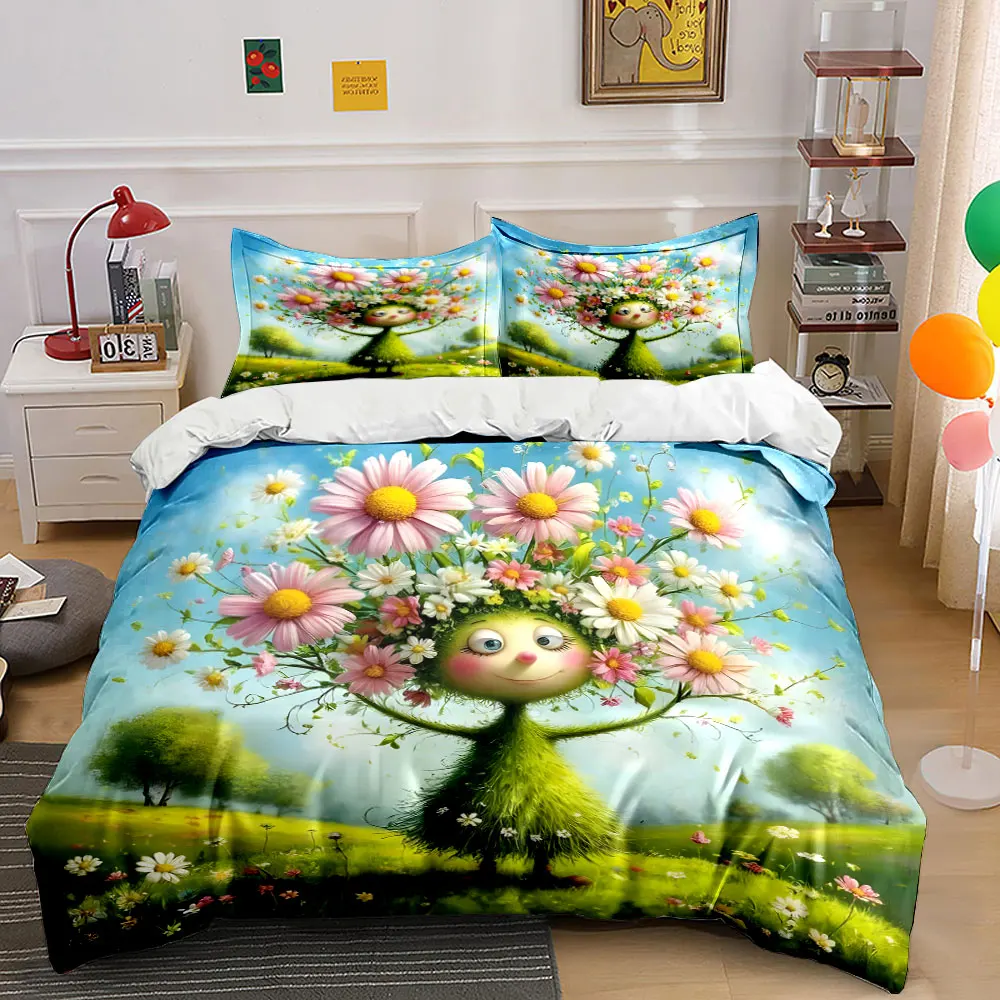 Green grass figure with floral crown Printed Duvet Cover Set1 Duvet Cover+2 PillowcaseMulti Size Bedroom Bedding Decor
