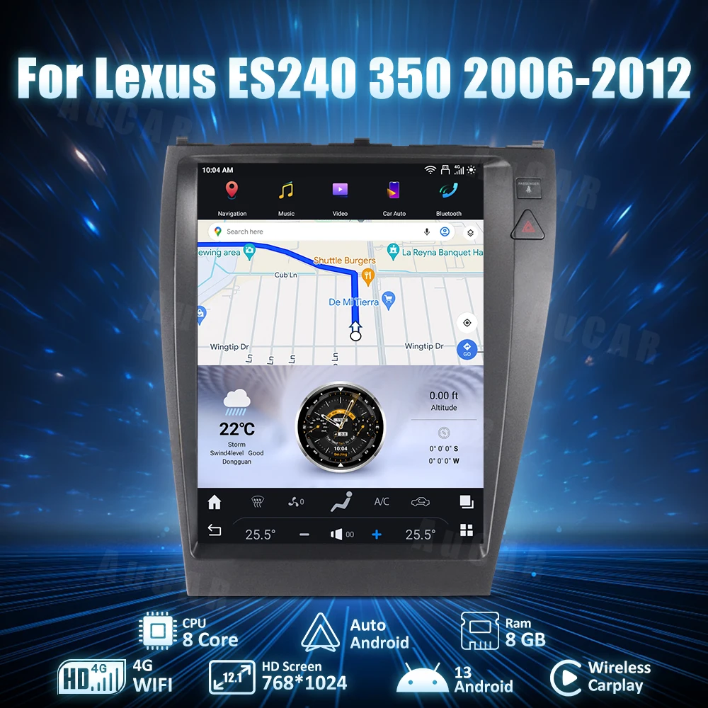 AuCar T-Style Car Stereo Android 13.0 Head Unit Car DVD Player Car Radio For Lexus ES240 350 2006-2012 12.1 Inch