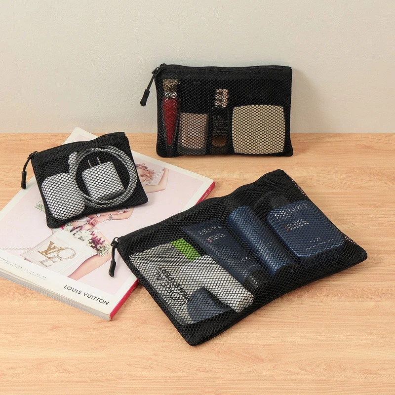 Portable Mesh Storage Bag Double Zipper Polyester Pouch for Electronics Cosmetics Small Handheld Organizer for Travel Home