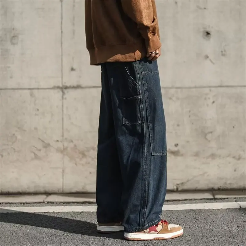 Street Hip Hop Paneled Used Washed Jeans Men's Trendy Brand Loose Wide Leg Casual Straight Pants New Trend
