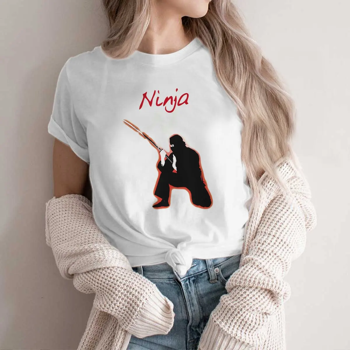 Ninja With Sword And Symbol Graphic Polyester TShirt Ninja Ninjutsu Style Streetwear Comfortable T Shirt Female