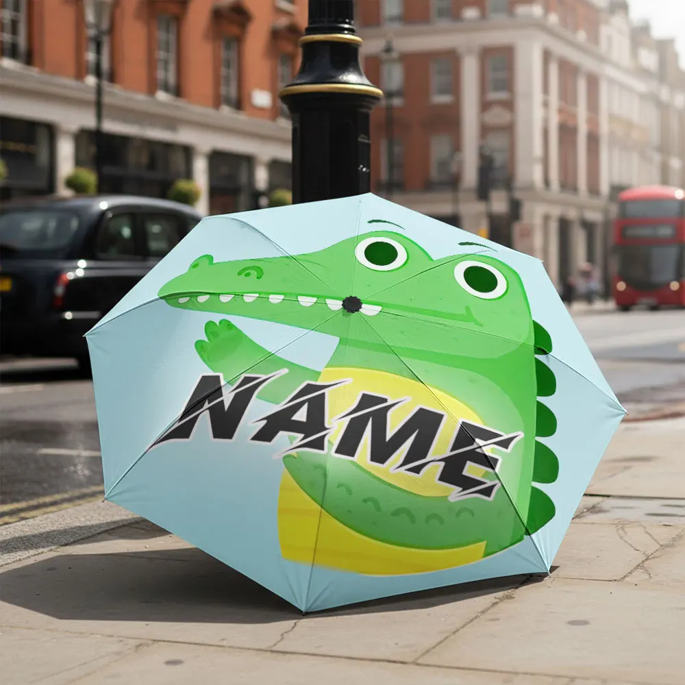 Custom Name umbrella, Friendly Green Crocodile Cartoon Design Umbrella Fashion Folding Umbrella for Daily Use, Christmas Gift