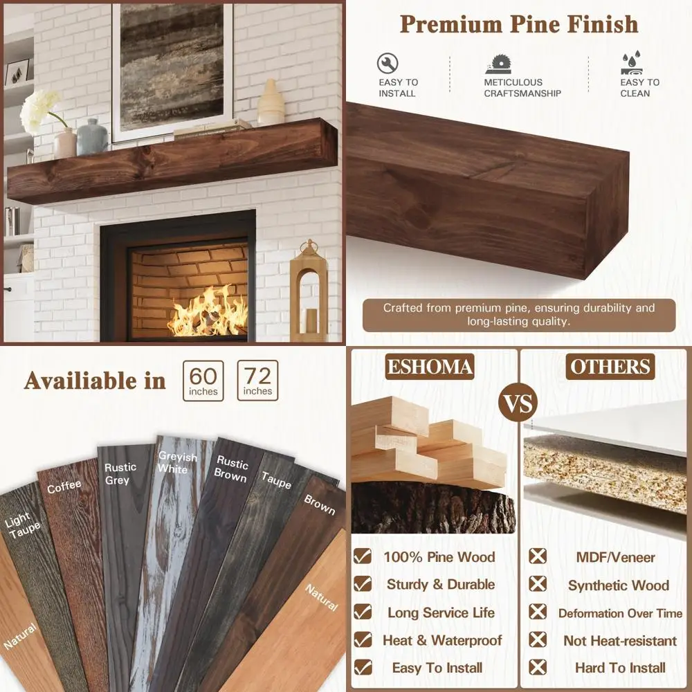 

Custom Wooden Fireplace Mantel - Over Fireplace Shelves - Wall-Mounted Floating Mantel Designs