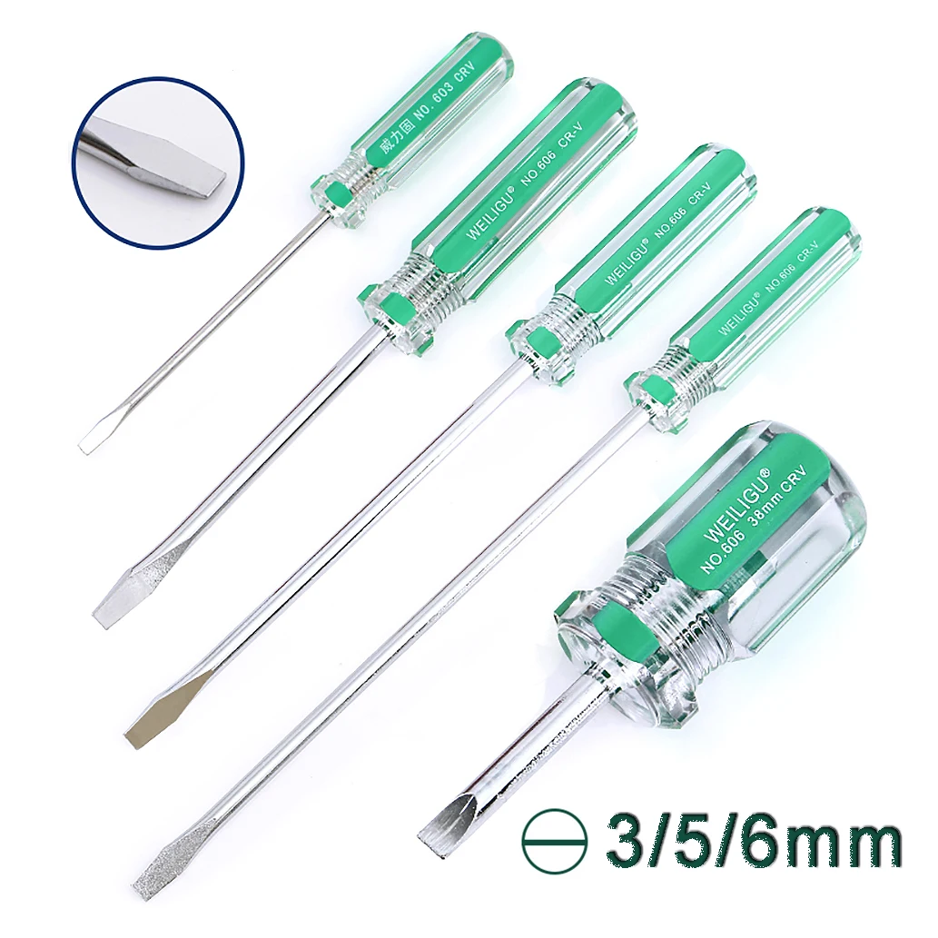 Magnetic 3mm 5mm 6mm Slotted Screwdriver 38mm to 300mm Length Word CR-V Screw Driver Transparent Handle Car Repair Hand Tools