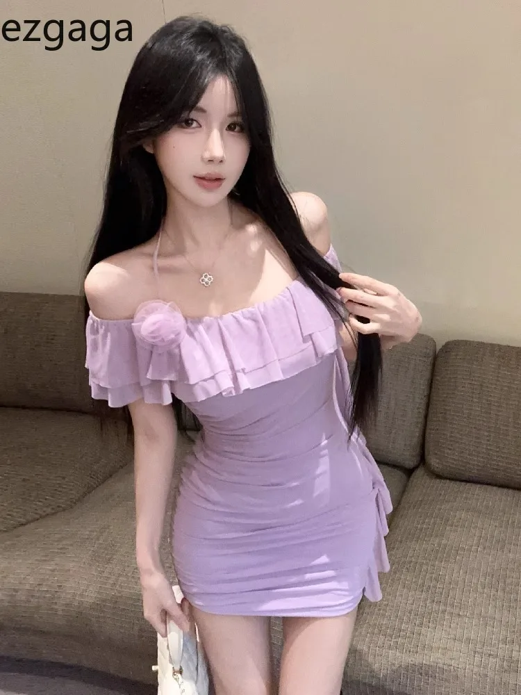 

Ezgaga Mini Dresses Women Ruffles Slash Neck Off Shoulder Halter Mesh Patchwork Slim Sexy Elegant Party Dress Ladies Fashion