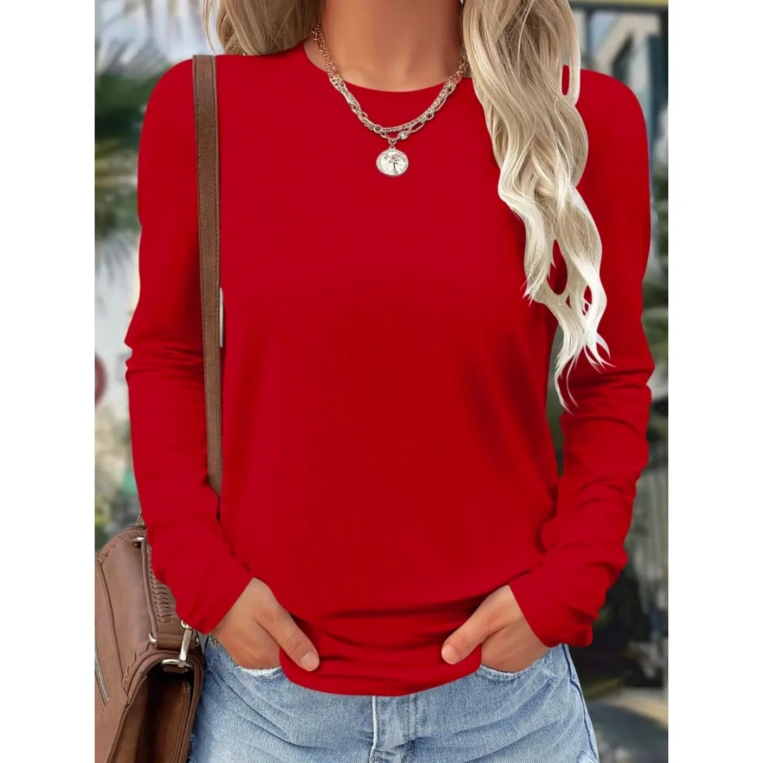

New Autumn and Winter Women's Solid Color Long Sleeve T-Shirt Loose Pullover Round Neck Top European and American Style Clothing
