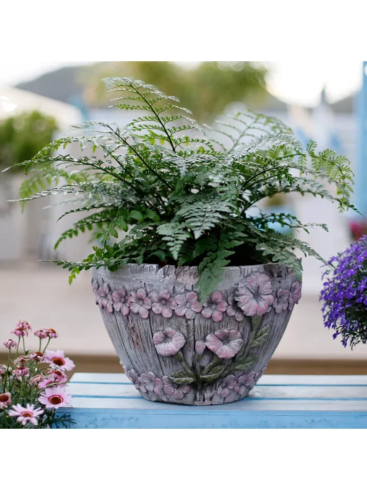 Embossed Large Flower Hand-Painted Flower Pot Imitation Wooden Bucket Garden Large Caliber Retro Old Pile Succulents