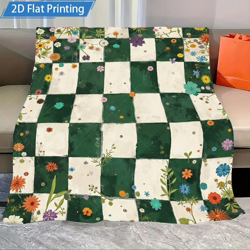 

1pc Flannel Blanket Floral Checkered Fleece Blanket Soft Cozy Throw for Couch Bed Home Decor 2D Flat Printing