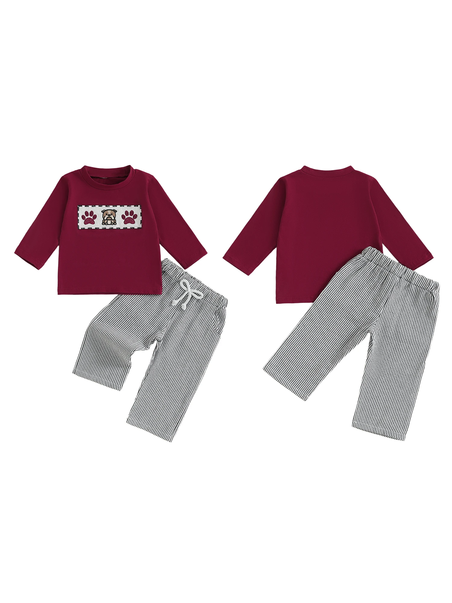 

Cute Baby Boy Autumn Ensemble with Adorable Animal Embroidery Long Sleeve Top and Striped Elastic Pants - 2 Piece Outfit for