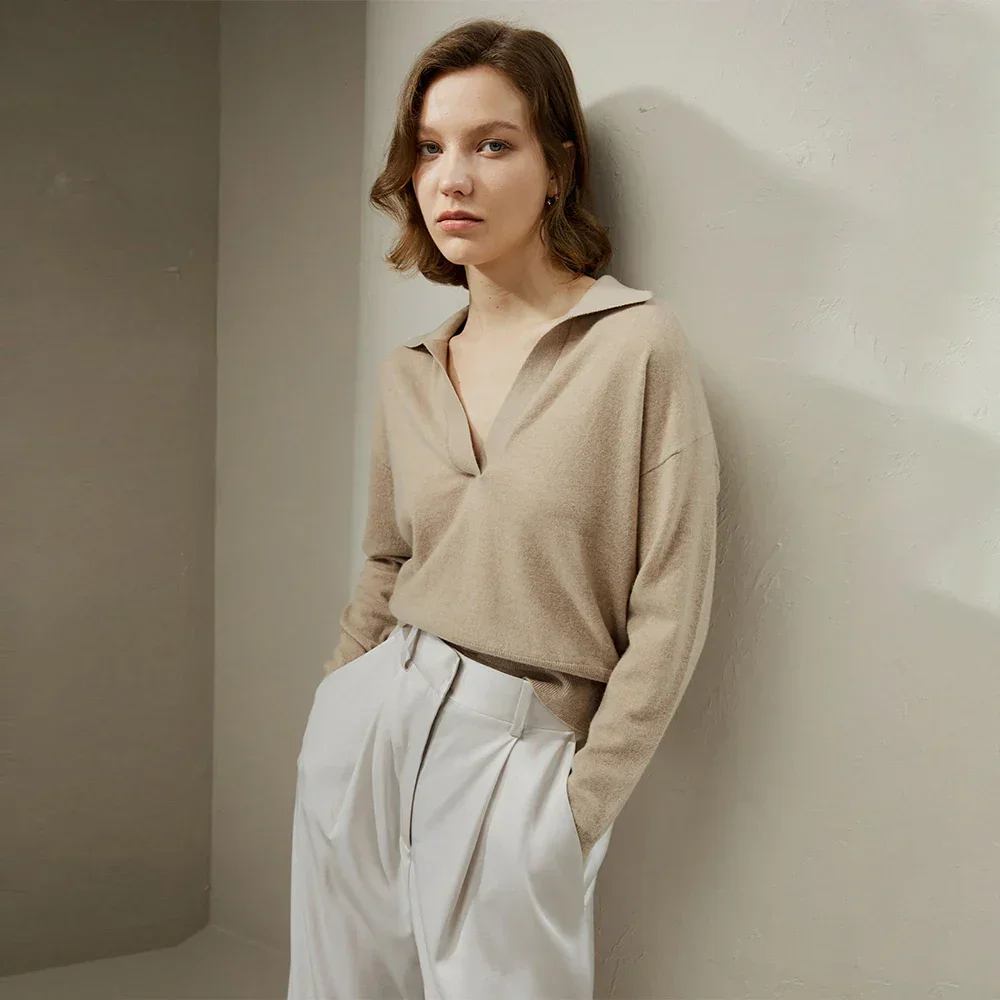 

Temperament gray cashmere sweater female POLO neck pullover sweater lazy loose leisure lapel bottoming sweater