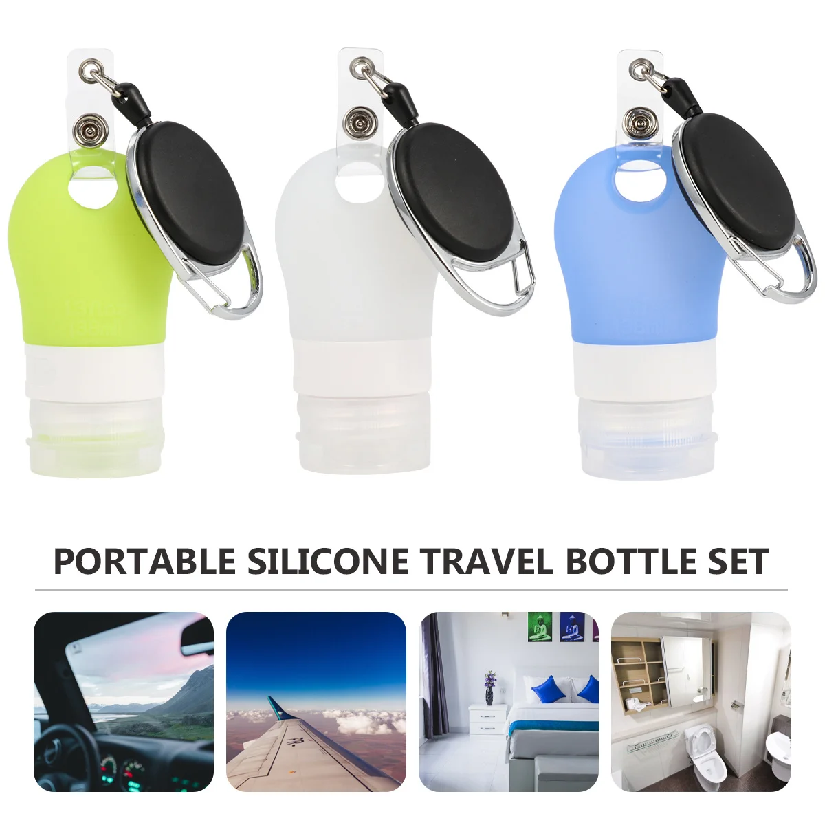 

3pcs Portable Travel Bottle Set With Stretchable Lanyard For Shampoo Shower Gel Body Lotion Hand Empty Silicone