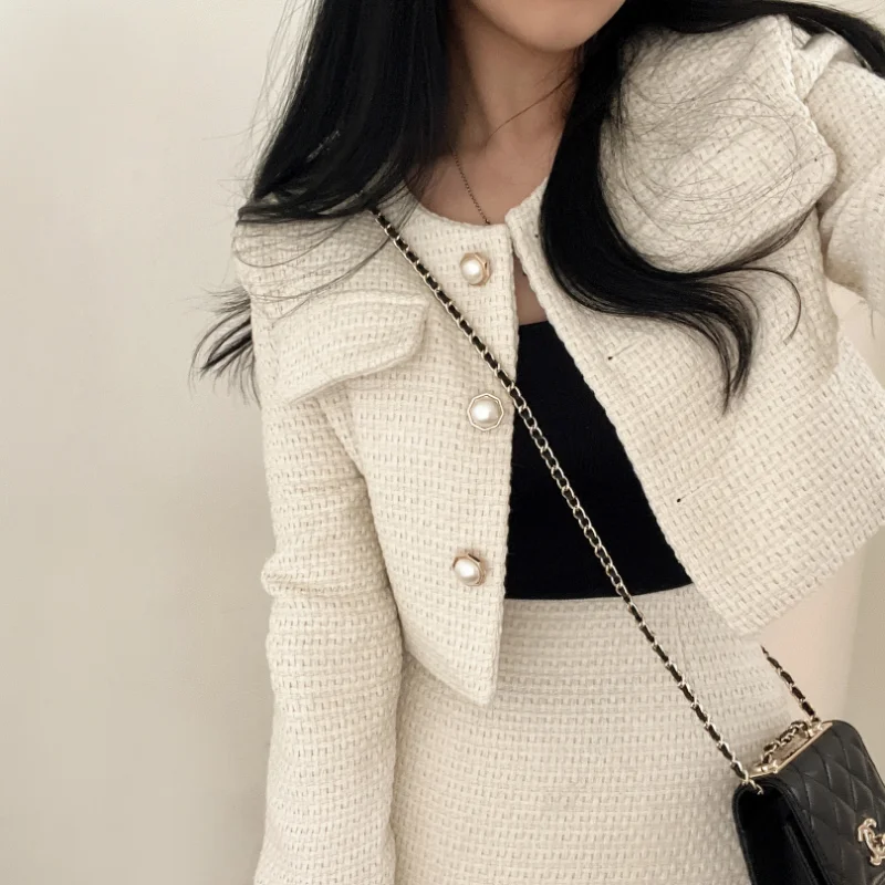 2023 Autumn Single Breasted Tweed Jackets Women Coat High Waist Mini Skirt 2 Piece Sets Spring Outfit Elegant Luxury Office Suit