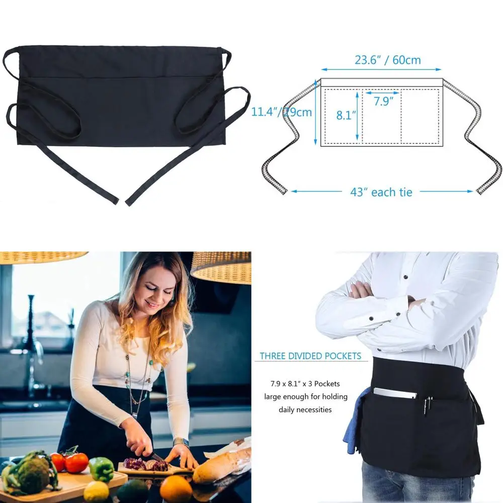 

Black Short Waist Apron with 3 Pockets for Waiters and Waitresses, Ideal for Server Staff in Restaurants