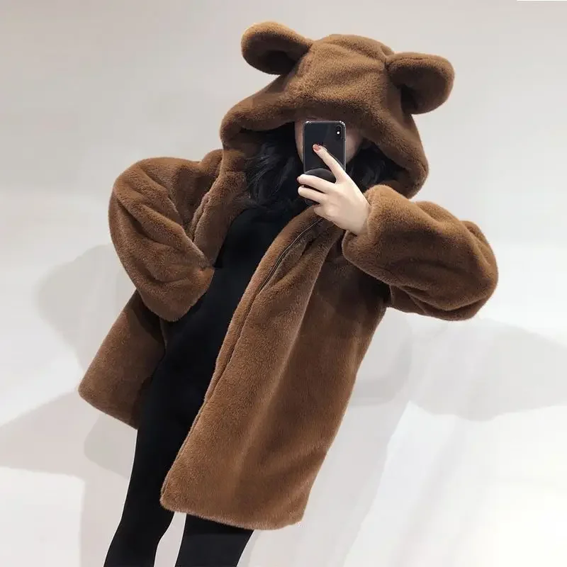 Women Winter Fur Coat 2023 New Cute Bear Ears Furry Velvet  Padded Jacket Lady Loose Imitation Mink Fur Overcoat