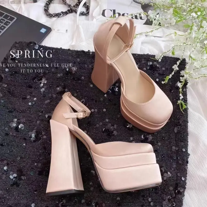 2024 Summer Super High Heel Double Waterproof Platform with Rhinestone Plus size Satin Catwalk Show Hate Sky High Hollow Wome...