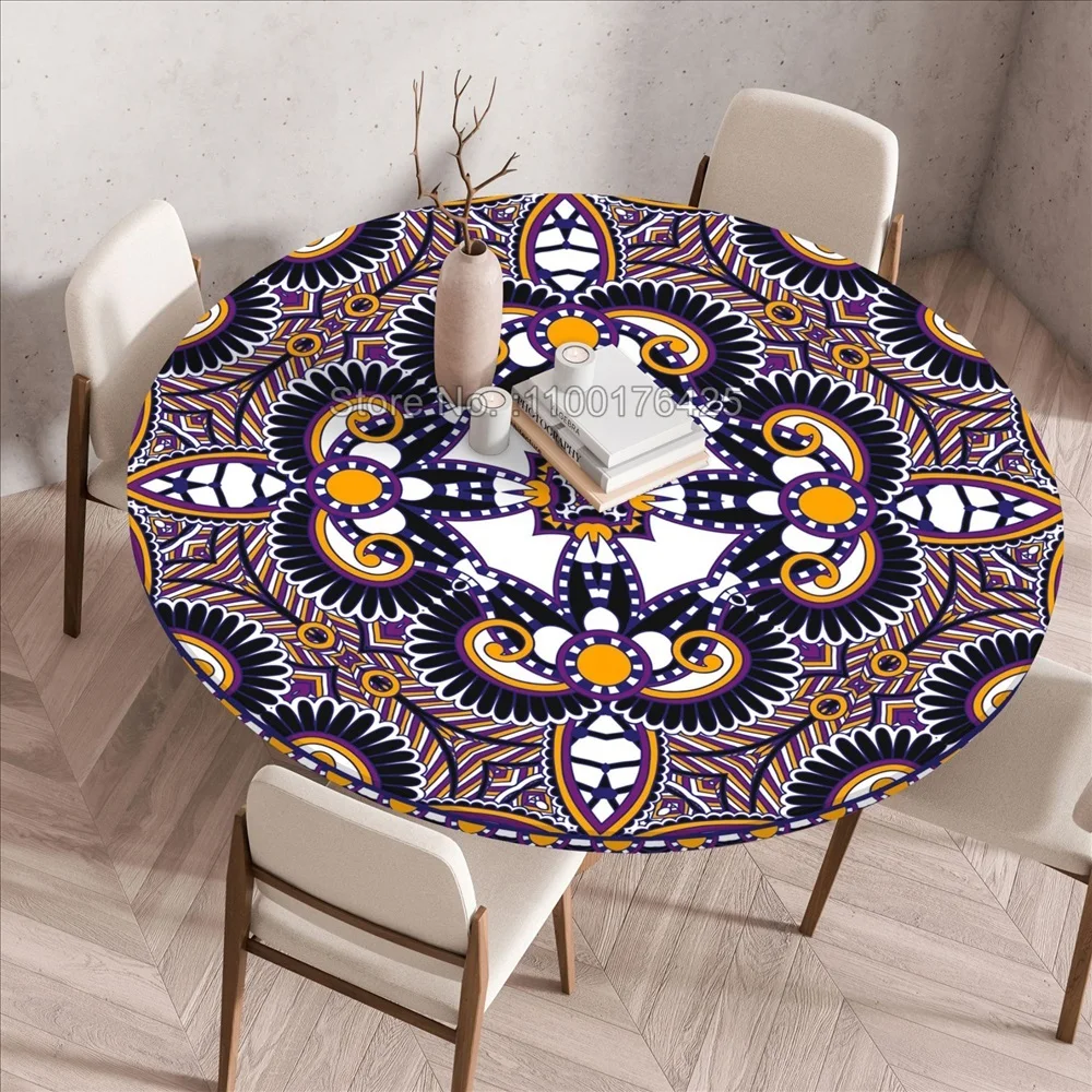 Nappe Ronde Extérieure Imperméable Avec Trou Parasol Et Fermeture Éclair - Motif Mandala Damassé Élégant - 91-112 Cm Ou 114-142 Cm - Bord Élastique