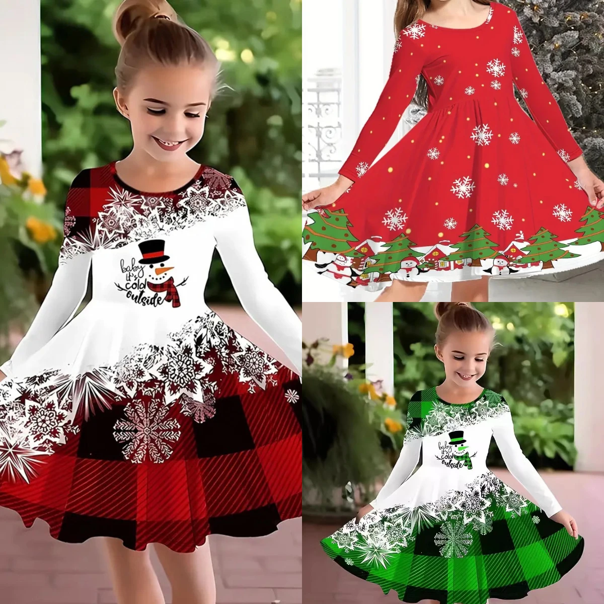 2024 Girls Christmas Santa Claus Costume Party Dress for 2-10Y Kids Winter Casual Outfit Red Blue Patchwork Long Sleeve Dress