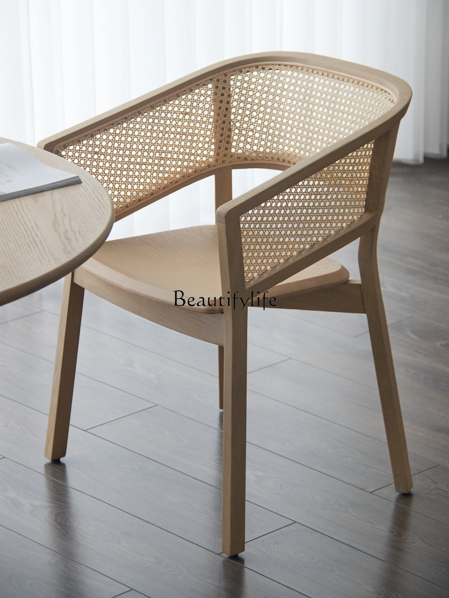 Modern Simple and Comfortable Rattan White Wax Wood Home Tea Room Solid Wood Dining Chair